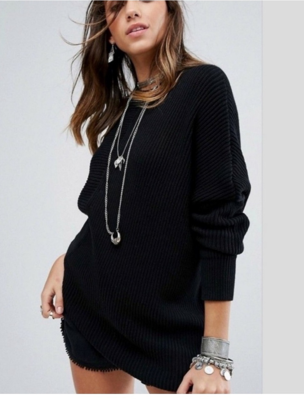 Free People Downtown Asymmetrical Ribbed Sweater Size S Chic Boho Cozy Oversize